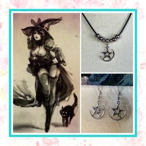 🍒 2PC PENTACLE STAR NECKLACE PENDANT EARRINGS SET WITCH BUNDLE BEADS LEATHER
